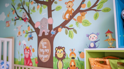 Close-up of a family tree mural painted on a nursery wall, with cute animals and names on the leaves