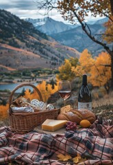 Fototapeta premium outdoor picnic with wine, grapes and cheese on blurred autumn background. fall season concept. romantic getaway, peaceful atmosphere