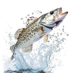 Jumping cod fish suspended in mid-air, isolated on white background. Captured in an action shot highlighting its streamlined body and splashes of water.

