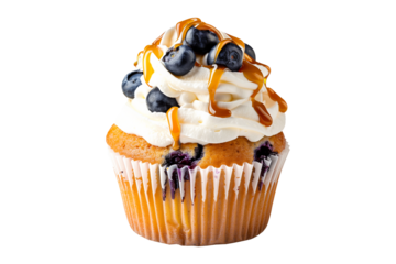 Blueberry cupcake or muffin topped with rich creamy frosting and fresh blueberries isolated on white transparent background
