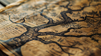Close-up of a genealogy chart printed on canvas, showing a family tree with ancestors dating back centuries