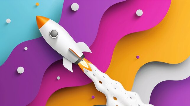 A rocket soars through a vibrant, colorful background celebrating astronaut day and the back to school theme
