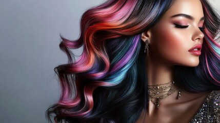 Fototapeta premium Colored Locks in Profile: A woman's Lustrous, Smooth Hair Shines Through Elegance and Style.