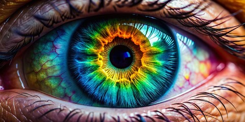 Obraz premium Vibrant macro photography captures the intricate human eye, showcasing a kaleidoscope of colors in the iris and the delicate, lace-like patterns surrounding the pupil.