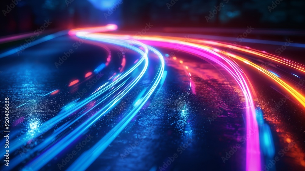 Poster high-speed data transfer background with colorful neon light trails. abstract speed motion blur effe