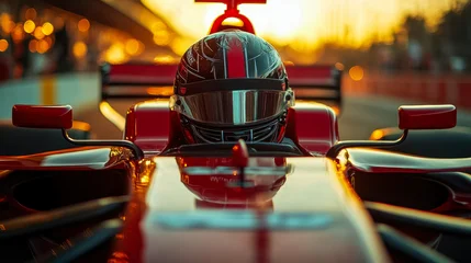  Formula 1 Driver Ready to Race at Sunset, Focus on Helmet and Car Cockpit, Competitive Motorsport Theme © Bartek