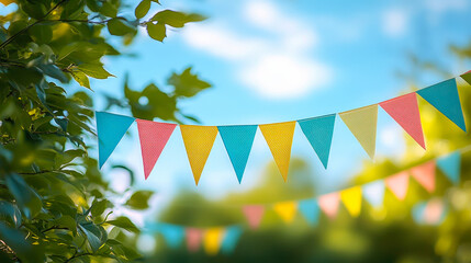 Colorful Pennant String Decor in Green Tree Foliage Under Blue Sky, Summer Party Banner Background, Daytime Festive Celebration Template, Vibrant Outdoor Decorative Flags, Copy Space Included