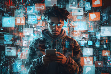 Obraz premium phone, standing in front of an immersive digital wall with multiple social media profile pictures and animated icons floating around