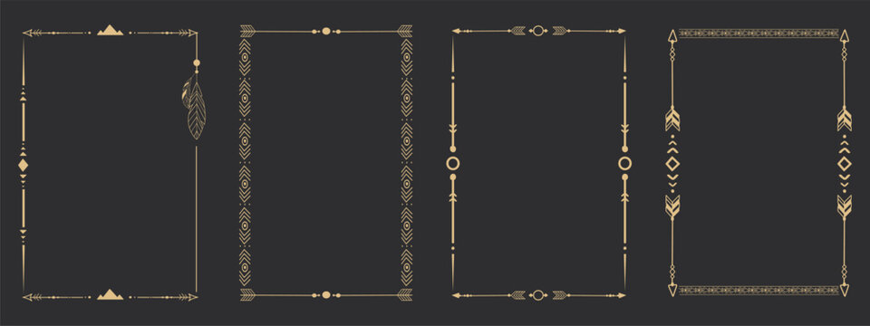 Gold frame set with tribal native indian arrow, ornament. Border thin line divider decoration with feather, simple motif.