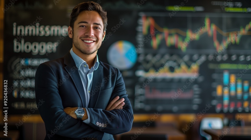 Poster portrait of handsome business man in suit standing with arms crossed and smiling at camera, office b