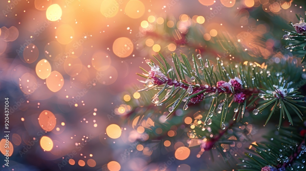 Aufkleber winter pine tree branch with sparkling droplets and soft bokeh background at sunset