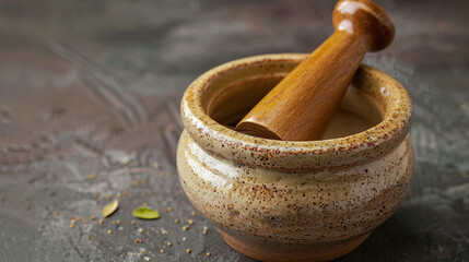 Ceramic mortar and pestle set arranged on a wooden table, high-quality photo showcasing texture and detail, ideal for culinary preparations and ingredient grinding. 

