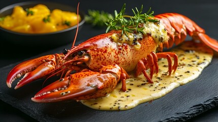 Delectable Lobster Thermidor A French Culinary Delight on an Elegant Black Plate