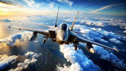Fighter Jet Flying Above the Clouds at Sunset.