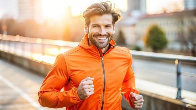 Smiling runner in orange jacket.