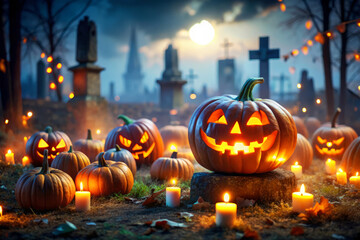 Spooky Halloween Jack-O-Lantern in a Graveyard.