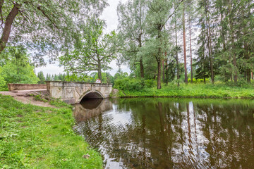 Obraz premium A bridge spans a river in a park