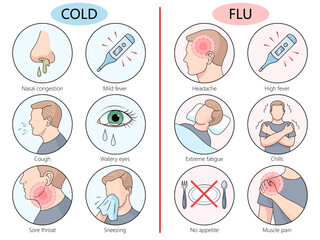 symptoms of cold and flu, nasal congestion, fever, headache, cough, muscle pain, differences between two illnesses diagram hand drawn vector illustration. Medical science educational illustration