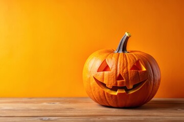 Jack-o'-lantern on a Wooden Table with Orange Background.