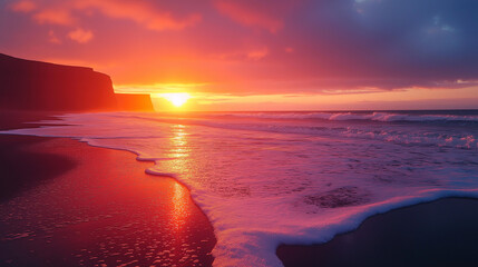 Reynisdrangar, Vik, Iceland, Incredible view on Black beach and Troll toes cliffs in sunset time.