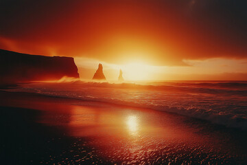 Reynisdrangar, Vik, Iceland, Incredible view on Black beach and Troll toes cliffs in sunset time.