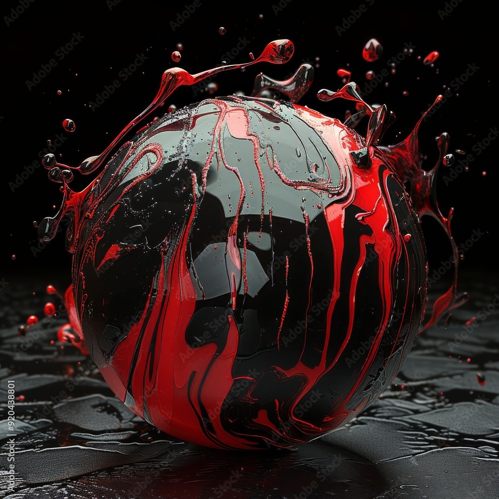 Poster a captivating 3d rendering shows a vibrant sphere entangled in dynamic red paint splashes against a 