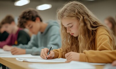 Fototapeta premium Students having a paper test in a classroom, Generative AI 