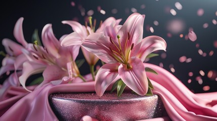 Pink lily flowers and glittery fabric on podium for cosmetic and perfume display. Ideal for special occasions.
