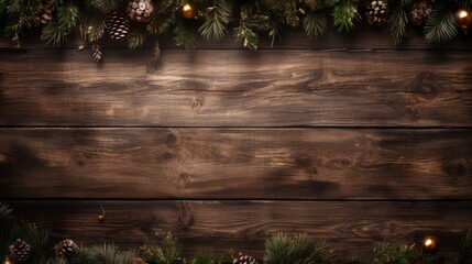 Old wood background with fir branches. Space for a greeting message. Neural network ai generated art