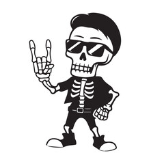 Cute funny cool skeleton with sunglasses showing rock hand symbol. Vector illustration for tshirt, website, print, clip art, poster and print on demand merchandise.