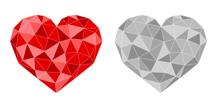 Polygonal, mosaic red and gray hearts.  Design elements for Valentine's Day, love, or romance. Flat heart collection, herz sammlung. Vector illustration