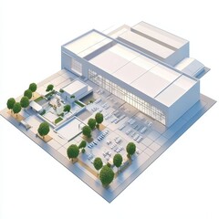3D Render of a convention center with a big central hall and additional spaces for food and drink