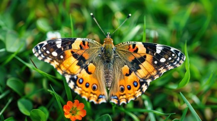 Obraz premium A Close-Up of a Painted Lady Butterfly on Grass