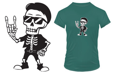 Cute funny cool skeleton with sunglasses showing rock hand symbol. Vector illustration for tshirt, website, print, clip art, poster and print on demand merchandise.