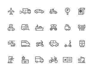 Vehicle and Transport line icon set. Containing car, bike, plane, train, bicycle, motorbike, bus and scooter icons. Transportation Simple line icon collections