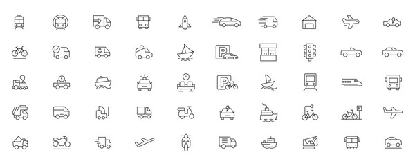 Vehicle and Transport line icon set. Containing car, bike, plane, train, bicycle, motorbike, bus and scooter icons. Transportation Simple line icon collections