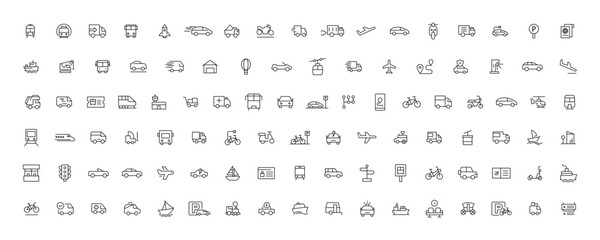 Vehicle and Transport line icon set. Containing car, bike, plane, train, bicycle, motorbike, bus and scooter icons. Transportation Simple line icon collections