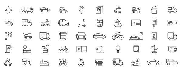 Vehicle and Transport line icon set. Containing car, bike, plane, train, bicycle, motorbike, bus and scooter icons. Transportation Simple line icon collections