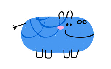 Cute funny hippo in doodle geometric kids style. Adorable kawaii baby character. Smiling hippopotamus. Wild fauna, childish colored flat graphic vector illustration isolated on white background