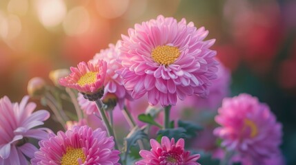Obraz premium Pink Chrysanthemum Flowers in Soft Sunlight