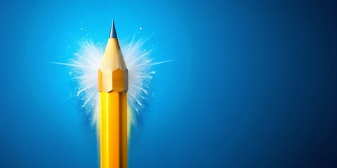 Vibrant yellow pencil blasts off against a bright blue background, symbolizing innovative ideas, creativity, and imagination in education and business, with ample copy space.