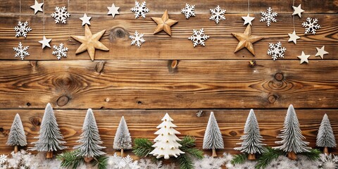 Rustic festive wooden decoration featuring snowflakes, trees, and stars on a vintage wooden planked background with ample space for customized holiday messaging or titles.