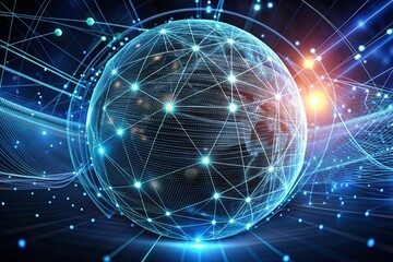 Fototapeta premium Futuristic wireframe sphere filled with glowing nodes and lines, surrounded by flowing text, representing the complexities of big data and digital information analysis.