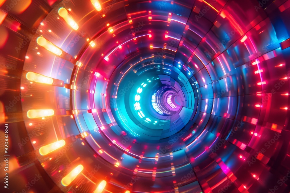 Poster an abstract representation of a vibrant tunnel filled with a dazzling array of colorful, moving ligh