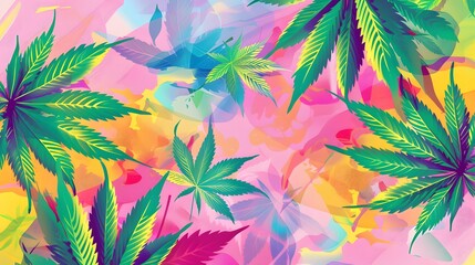 Marijuana leaves on a colorful background, close up top view on cannabis leaves and branches on colorful background for alternative medical and marketing design concept