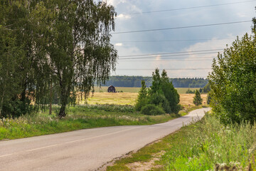 A road with a few trees and a house in the distance