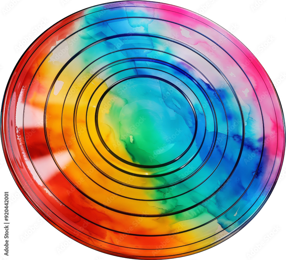 Poster abstract colorful circular pattern with watercolor rainbow effect and black lines.