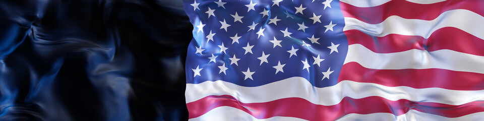 Realistic depiction of the American flag rippling in the wind, set against a dark background, creating a powerful and reflective mood ideal for patriotic holidays, events. Banner with copy space. 3D.