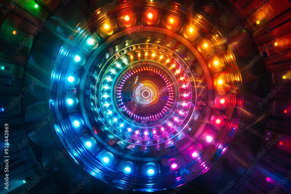 Poster a mesmerizing spiral made of vibrant lights creating a stunning and captivating visual effect that e