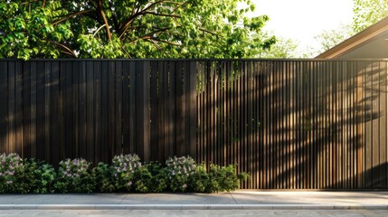 A wooden fence with a row of bushes in front of it